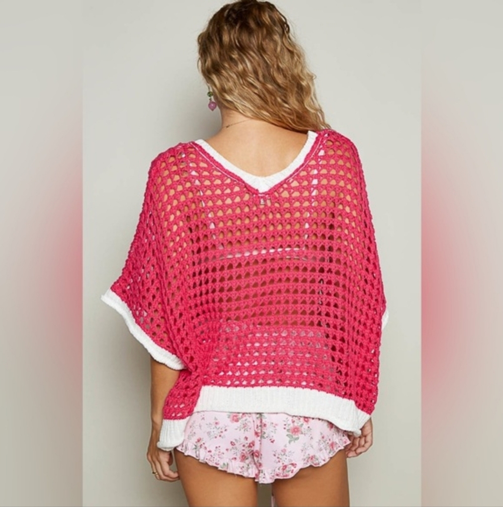 POL Open Knit Vneck Peace Sign Summer Sweater. Pink/White. Size S - Picture 4 of 11
